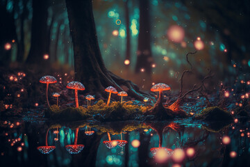 incredible magical enchanted forest during nighttime with colorful mushrooms and beautiful lighting