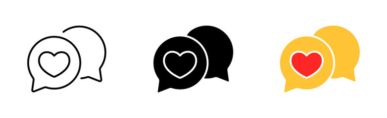 Long distance relationships set icon. Video call, man, speech bubble with hearts, phone, meeting website, date, dating. Feelings concept. Vector icon in line, black and colorful style