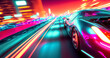 © Viks_jin - Speeding Sports Car On Neon Highway. Powerful acceleration of a supercar on a night track with colorful lights and trails. Lights of cars with night, long exposure.