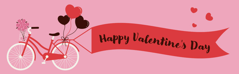 Wall Mural - valentine’s day vector background with a bicycle with bouquet of roses and heart balloons for banners, cards, flyers, social media wallpapers, etc.