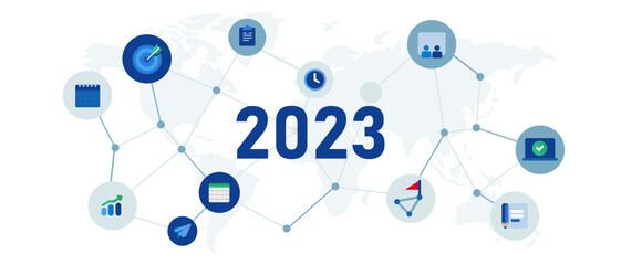 Poster - New year 2023 business plan target company corporate graphic illustration of marketing goals growth global network internet