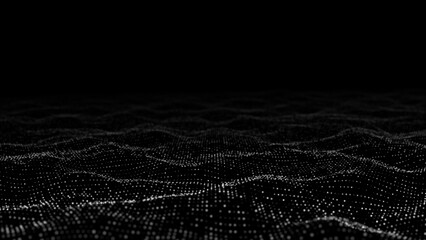 Aufkleber - Wave of digital particles on a black background. Abstract interlacing lines and points. Digital connection of elements. Simulation of the movement of small particles. 3D rendering.