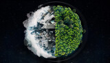 Fototapeta  - World, city buildings or forest in globalization crisis, climate change awareness or pollution environment security on black background. Globe, environment day or abstract urban trees on night mockup