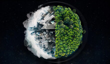 World, City Buildings Or Forest In Globalization Crisis, Climate Change Awareness Or Pollution Environment Security On Black Background. Globe, Environment Day Or Abstract Urban Trees On Night Mockup