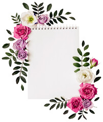 Wall Mural - Empty Notepad and floral frame in pastel colors. Romantic concept, boho style, transparent background