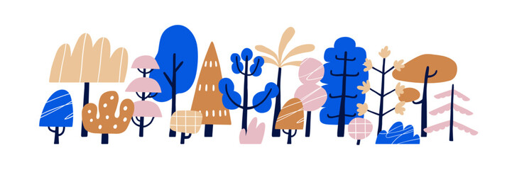 Poster - Doodle childrens trees. Primitive forest plants, childish simple woods with shrubs in naive style. Modern abstract stylized woodland. Kids flat vector illustration isolated on white background