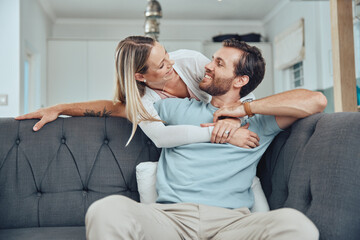 Poster - Love, relax or couple hug in house living room sofa and resting on a holiday vacation with support in a happy marriage. Smile, Berlin or happy woman enjoying quality bonding time with a fun partner