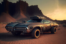 Post-apocalyptic 4x4 Off Road Vehicle, Crazy Futuristic Mad Max Car In The Desert