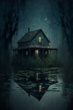 Generative AI Illustration Of Scary House On Swamp