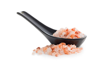 Wall Mural - Pink himalayan salt in ceramic spoon isolated on white background.