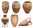 Ancient Greek Antique and Minoan authentic vase clay pots collection set isolated