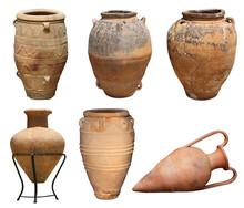 Ancient Greek Antique And Minoan Authentic Vase Clay Pots Collection Set Isolated