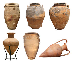 Ancient Greek Antique and Minoan authentic vase clay pots collection set isolated