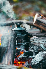 Wall Mural - Old kettle in bushcraft camping