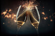 © Jennifer - Zwei Gläser mit Champagner und Feuerwerk im Hintergrund, Generative AI