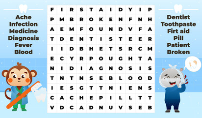 Wall Mural - Medical word search game for kids with cute monkey dentist and hippo patient in hospital, funny puzzle for printable worksheets in cartoon style