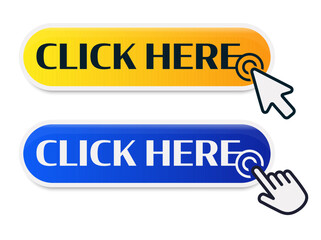 Aufkleber - Click Here Button with Click cursor. Set for button website design. Click button. Modern action button with mouse click symbol