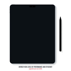 Poster - new frameless tablet grey color with black screen and stylus top view on white background. flat lay mockup of realistic devices with shadow front view. vector illustration