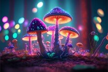 Magical Mashroom In Fantasy Enchanted Fairy Tale Forest With Lots Of Brighness And Lighting.