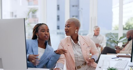 Aufkleber - Business women, talking or computer help in digital marketing company, logo branding startup or advertising innovation. Creative designers, teamwork or collaboration on technology in coworking office