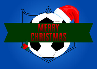 Poster - Football ball with Merry Christmas text. Cartoon sport poster.