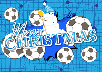 Poster - Football ball with Merry Christmas text. Cartoon sport poster.