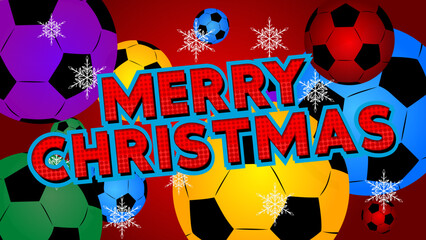 Poster - Football ball with Merry Christmas text. Cartoon sport poster.