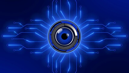 Wall Mural - Electronic eye in frame between information connecting lines - futuristic digital circuit background - 3D Illustration