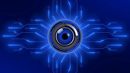 Sticker - Electronic eye in frame between information connecting lines - futuristic digital circuit background - 3D Illustration