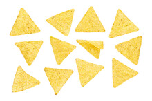 Flying Mexican Nachos Chips, Isolated On White Background. With Clipping Path. Full Depth Of Field. Focus Stacking