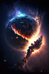 Wall Mural - planet explosion. earth destruction. meteor disaster. planet earth exploding and shattering in half.