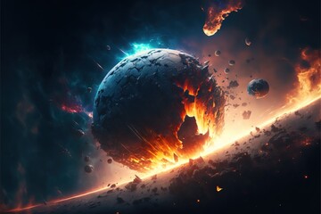 Wall Mural - planet explosion. earth destruction. meteor disaster. planet earth exploding and shattering in half.