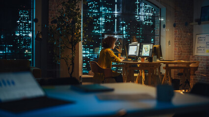Poster - Successful Arab Female Sitting in Creative Agency Alone in the Evening, Manager Working on Implementing Business Strategy for Client. Excited Specialist Writing Corporate Project Plans on Computer.