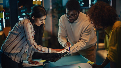 Poster - Excited Marketing Manager Leading a Team Meeting in Creative Office Conference Room in the Evening. Confident Multiethnic Female DIscussing a New Project Plan with Agency Employees.