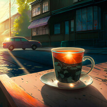 Morning cup of hot tea in anime style. High quality illustration