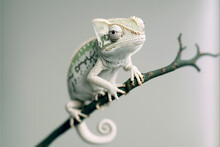 Albino Chameleon On A Branch On A White Background.