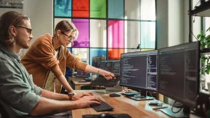 Wall Mural - Female Senior Software Engineer Gives Advice to Male Junior Developer, Pointing at Desktop Computer Display With Code. Caucasian Woman Offers New Features, Helps Fixing Bugs in Modern SaaS Platform.