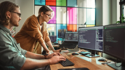Poster - Male Data Scientist and Female Developer Working With Errors in Code on Desktop Computer in Creative Office. Caucasian Man and Woman Succesfully Fixed a Software Bug And High Five Each Other.