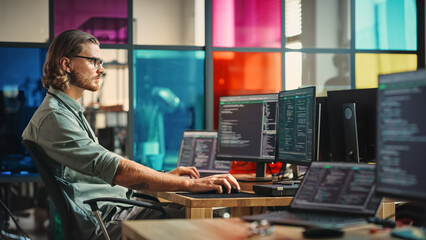 Poster - Professional Male Programmer Writing Code on Desktop Computer With Multiple Displays in Stylish Office. Caucasian Man Does Data Scraping For Artificial Intelligence Innovative Technology Start-Up.