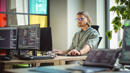 Poster - Male Data Scientist Coding on Desktop Computer in Creative Office Space. Caucasian Man Scraping Digital Information From Opened Sources in Internet For Artificial Inteligence Software Development.