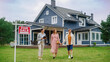 © Gorodenkoff - Excited Young Couple Chatting with Happy Real Estate Agent. Businesswoman Talking About the House with Young Man and Pregnant Female. Standing on a Lawn Next to For Sale Sign on a Warm Day.