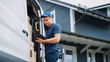 © Gorodenkoff - Courier Using Tablet Computer Next to Open Delivery Van Side Door with Cardboard Parcels. Mailman Delivering the Package to a Homeowner.