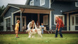 © Gorodenkoff - Grandfather Playing Ball with His Son and Grandchildren. Family Members Spending Leisure Time Outside with Kids and Pet Dog. People Throwing the Ball Between Each Other, Having Fun in Their Front Yard