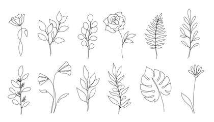 Aufkleber - Flower, floral leaf one line art. One continuous line art leaf, flower minimal design. Editable stroke eucalyptus branch, rose, poppy foliage floral element. Isolated vector illustration