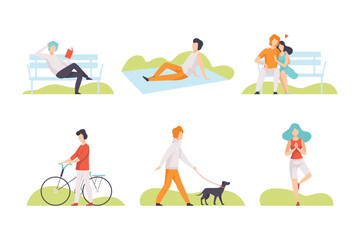 Sticker - People Characters Resting in Park Having Weekend Vector Set.