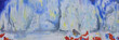 Winter panorama background. Forest berries. Frosty tree crowns at the edge of the forest. Bird on branches. Fine art illustration with space for text.