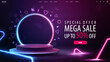 Special offer, mega sale, discount web banner with offer and empty podium floating in the air with line gradient neon ring on background and neon blue and pink triangles around