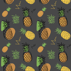 Wall Mural - Pine apple vector seamless pattern on grey background. One continuous line art drawing design of pine apple pattern
