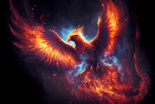 Phoenix Bird With Spread Wings In Fire And Ashes. 