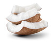 Coconut piece isolated. Coconut pieces on white background. Broken white coco with clipping path. Full depth of field.